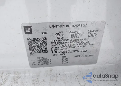 2018 Chevrolet Silverado 1500 2Lz z USA, uszkodzony, nr VIN 1GCVKSEC1JZ372832